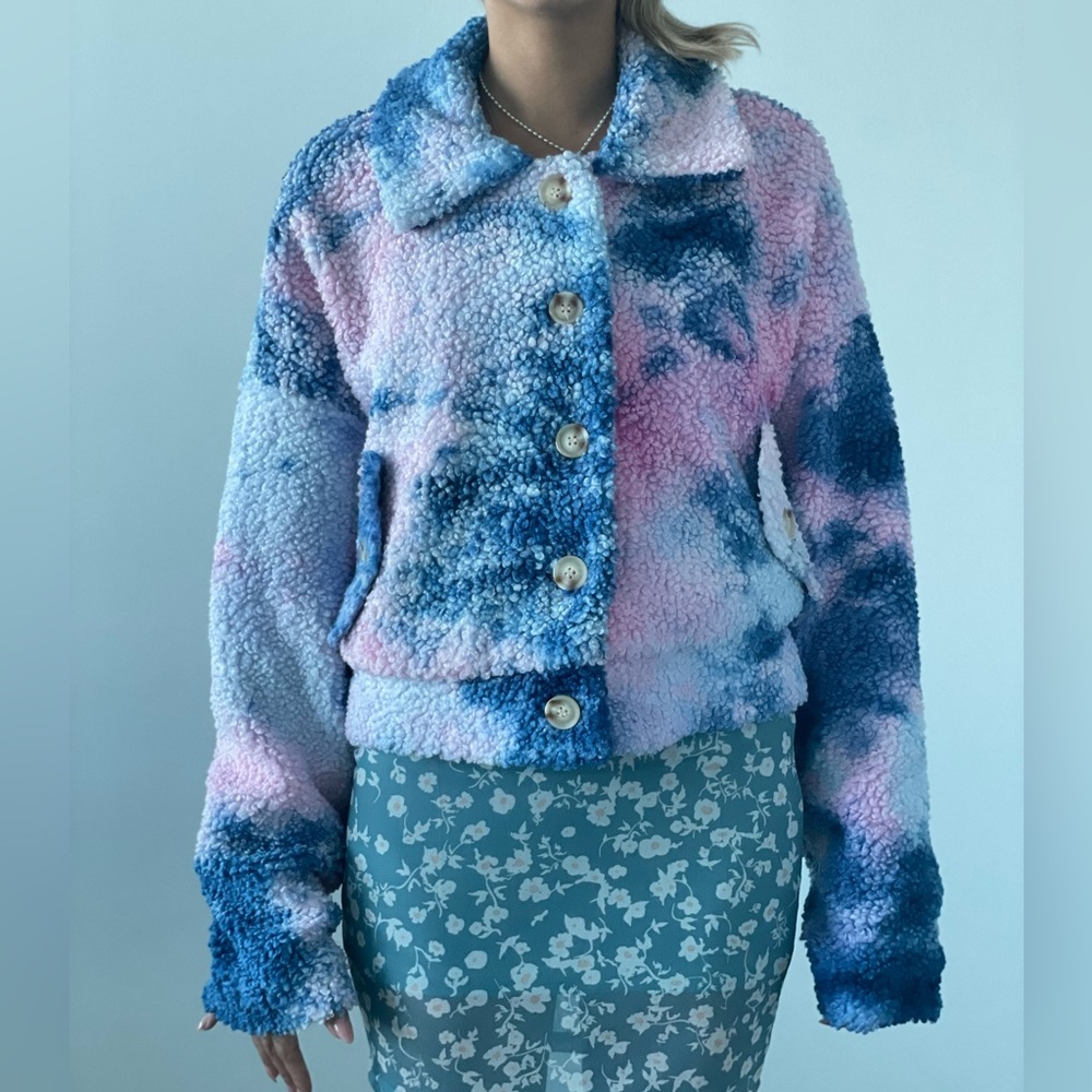 Dolls kill fuzzy cotton candy blue and pink jacket
